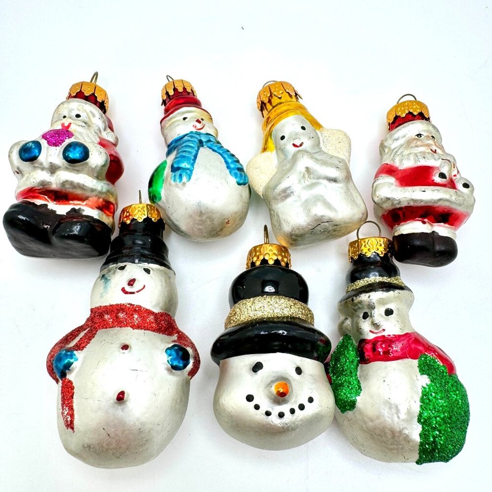 Vintage Blown Glass G&D Glitter Holiday Ornaments Set Of 8 Santa Snowman Angel
